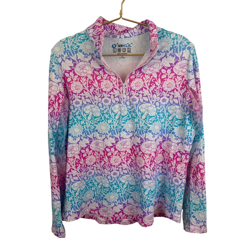 IBKUL Womens Long Sleev UPF 50+ Cooling Ombre Floral Quarter Zip Sun‎ Shirt L
